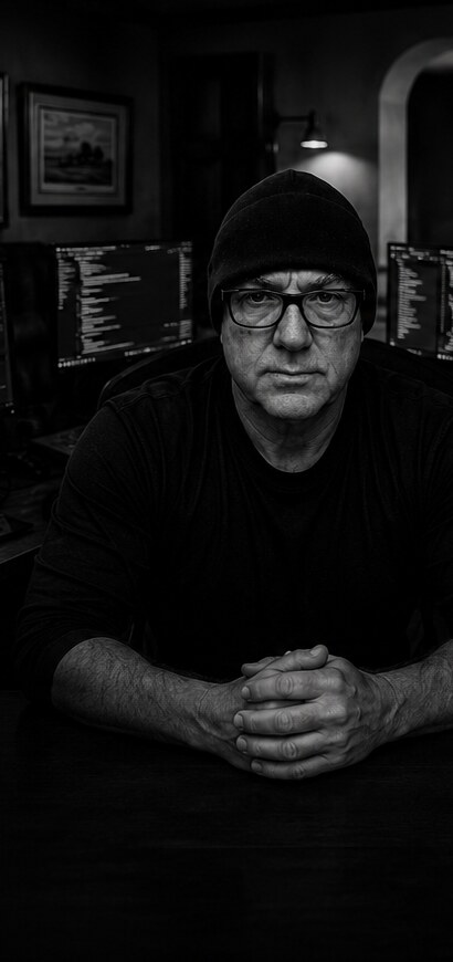 Phil Blancett, black and white portrait in deep shadow